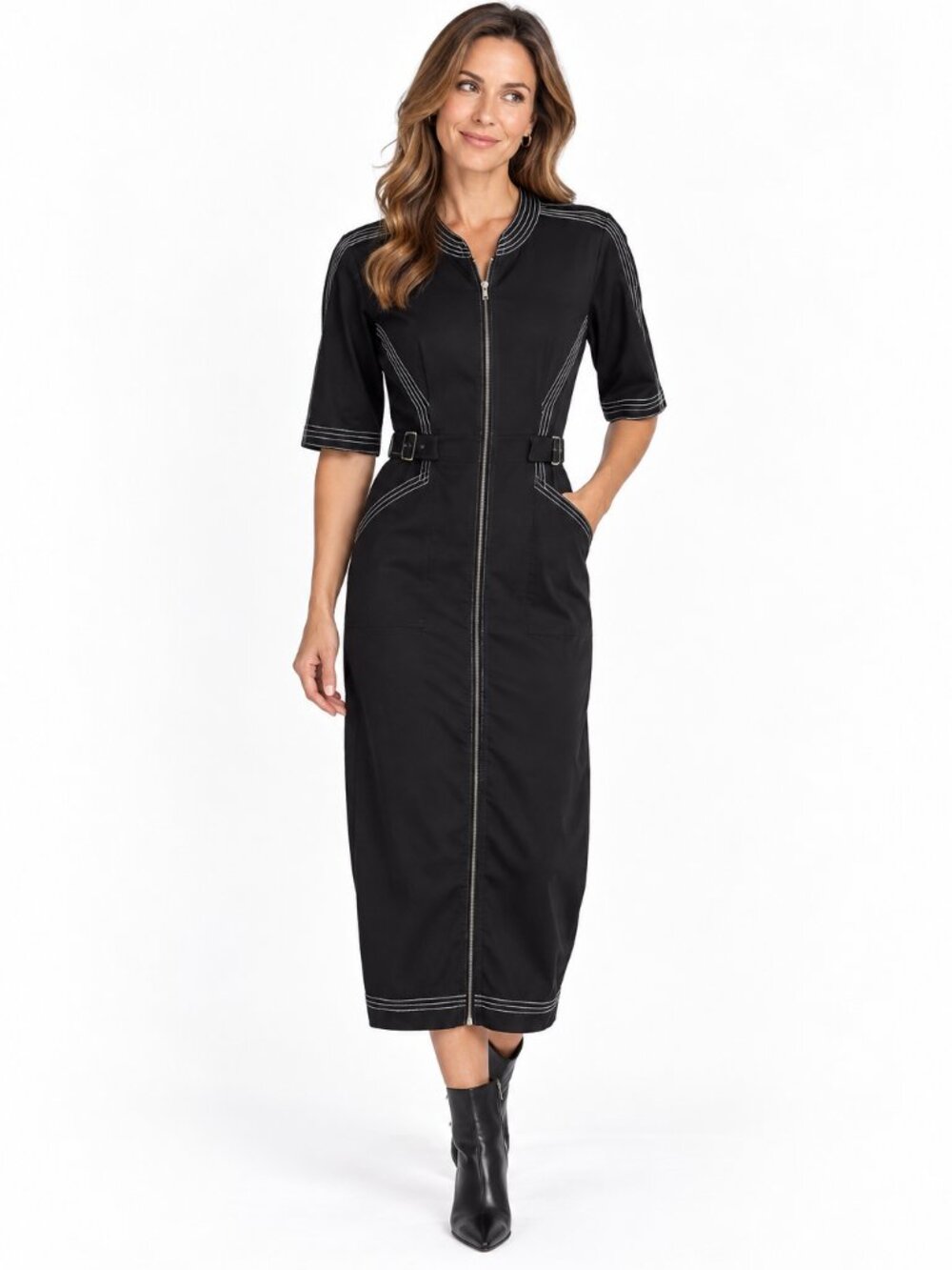 Zapelle Womens S 6 Black Utility Midi Dress Zip Front Contrast Stitch Belted